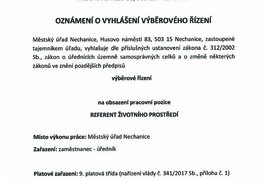 Městský úřad Nechanice  OZNAMUJE VYHLÁŠENÍ VÝBĚROVÉHO ŘÍZENÍ na pracovní pozici REFERENT ŽIVOTNÍHO PROSTŘEDÍ